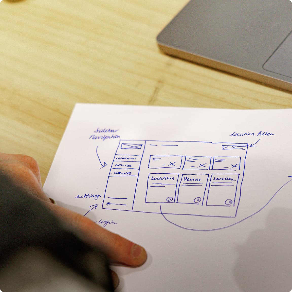 A hand-drawn wireframe sketch on paper showing sidebar navigation, locations, devices and services