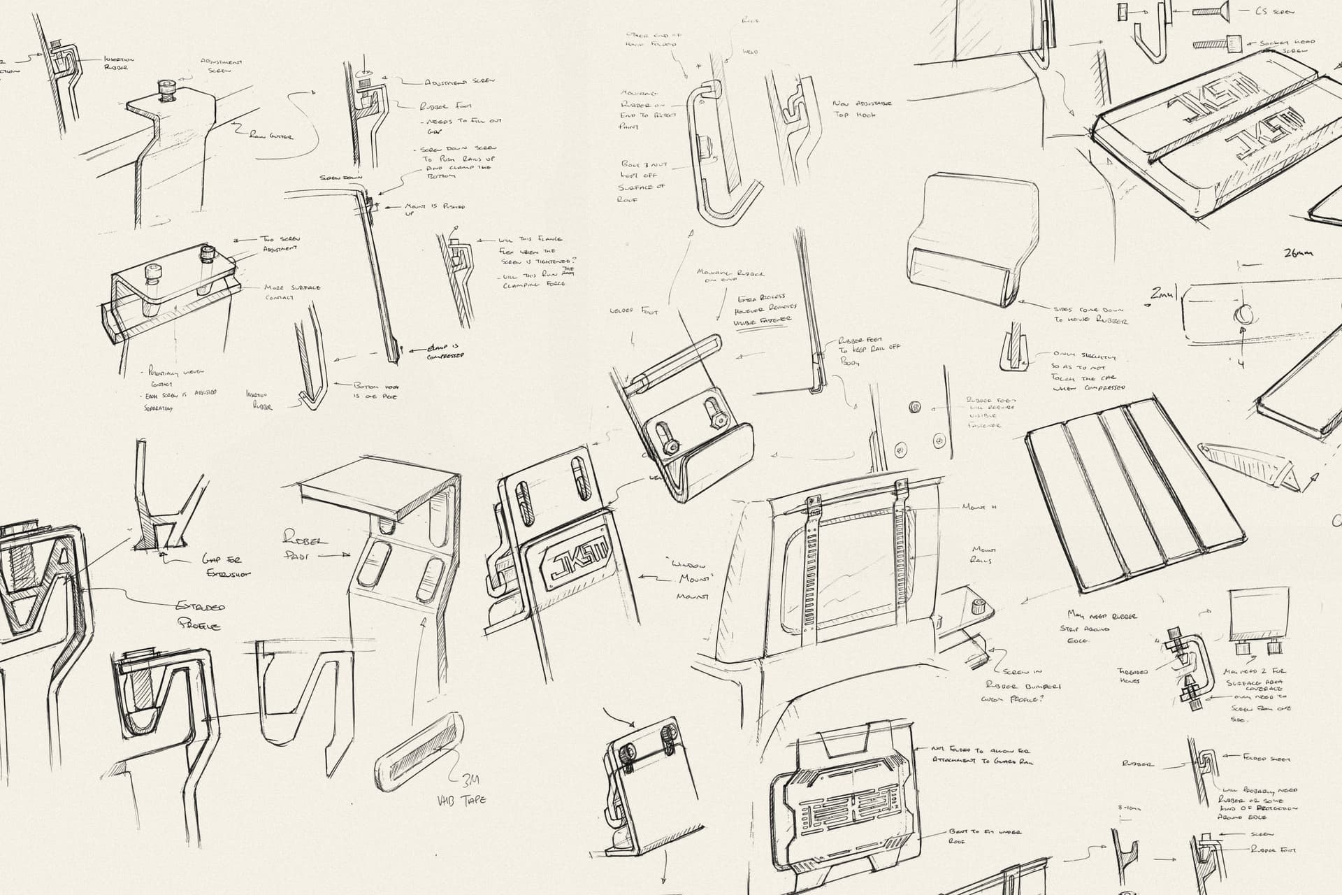 Pencil concept sketches of vehicle mounting brackets and storage panels with handwritten annotations