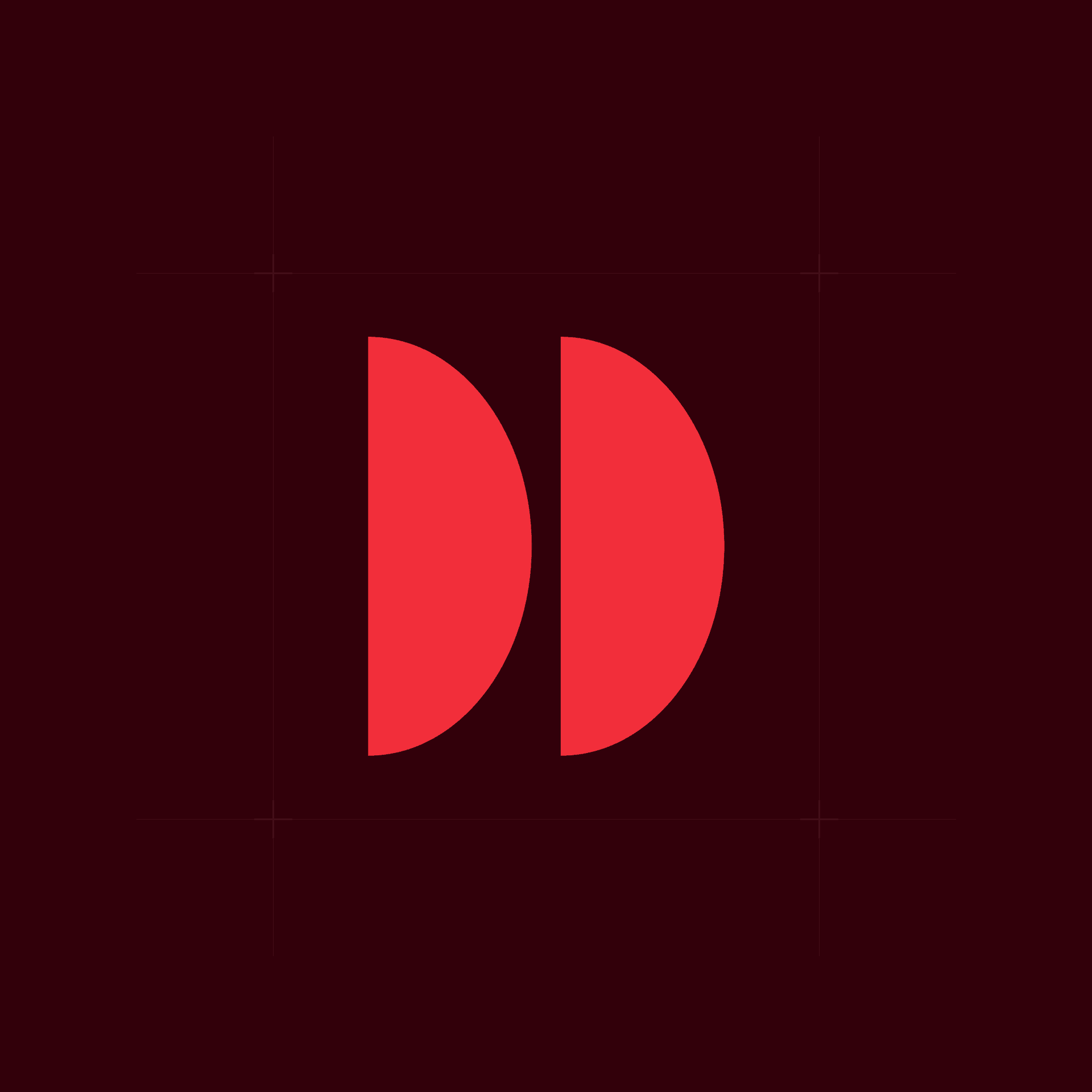 CodeFish Studio Amplify twin half-disc glyph in red on a dark maroon background