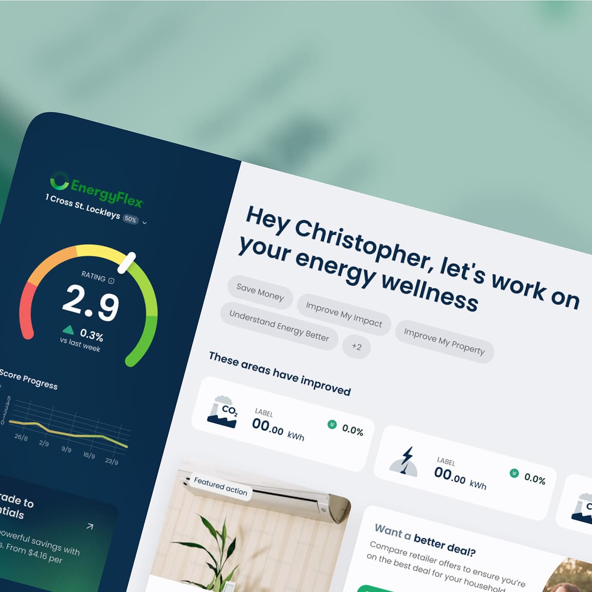 EnergyFlex dashboard showing a 2.9 energy rating gauge, score progress chart and improvement actions