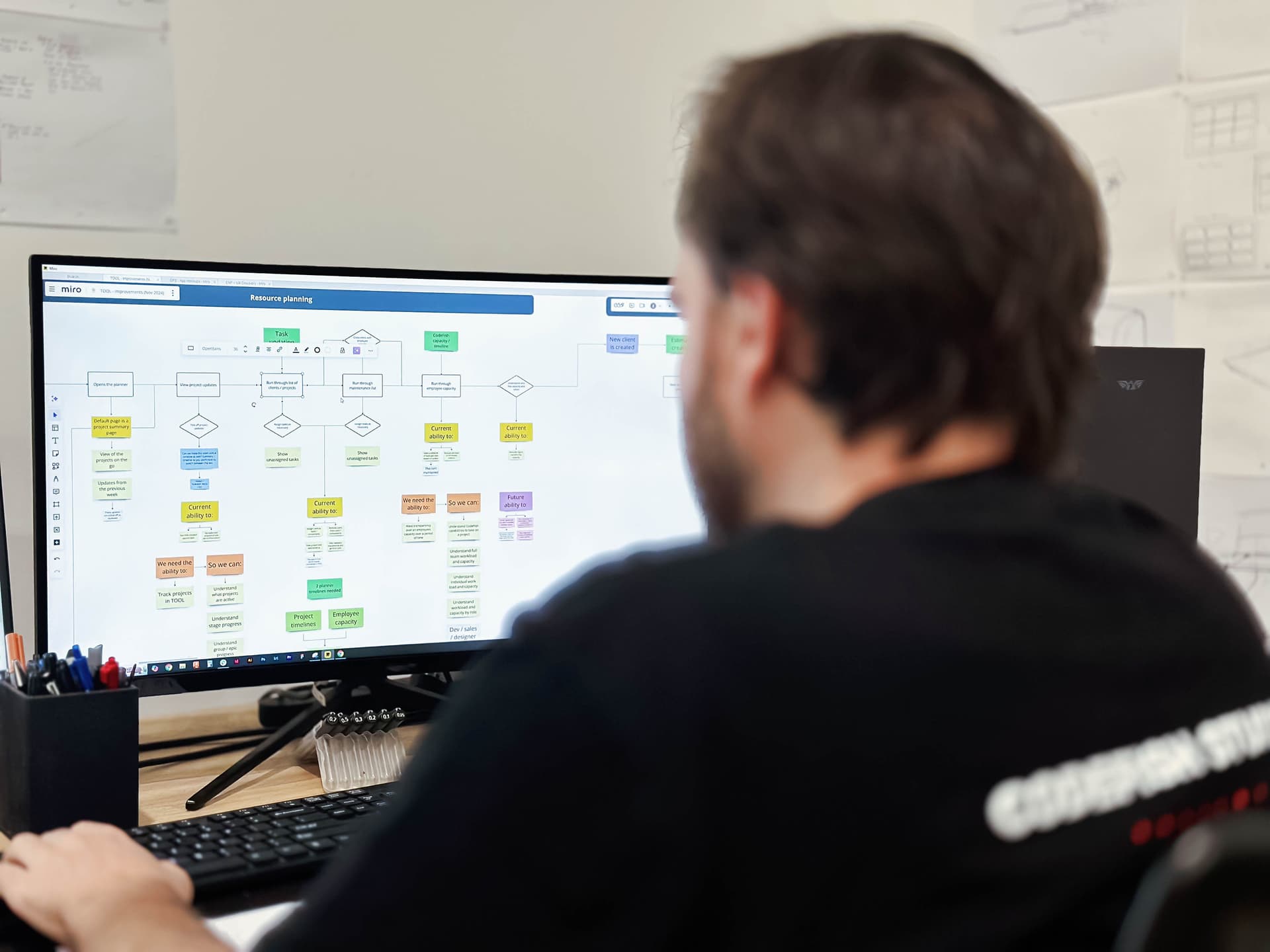 A team member at a monitor reviewing a colour-coded business process flow diagram