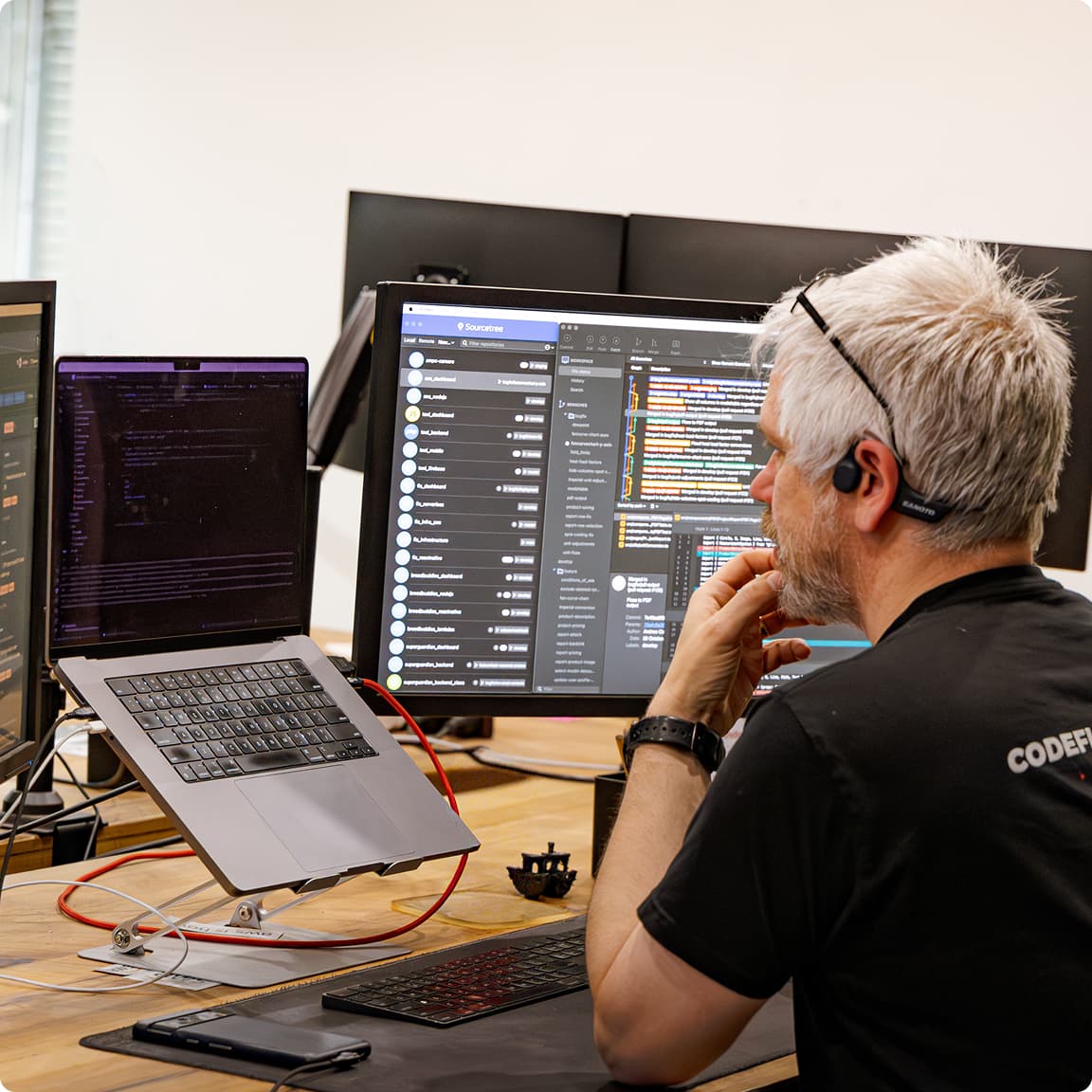 A CodeFish developer reviewing a project's commit history on screen
