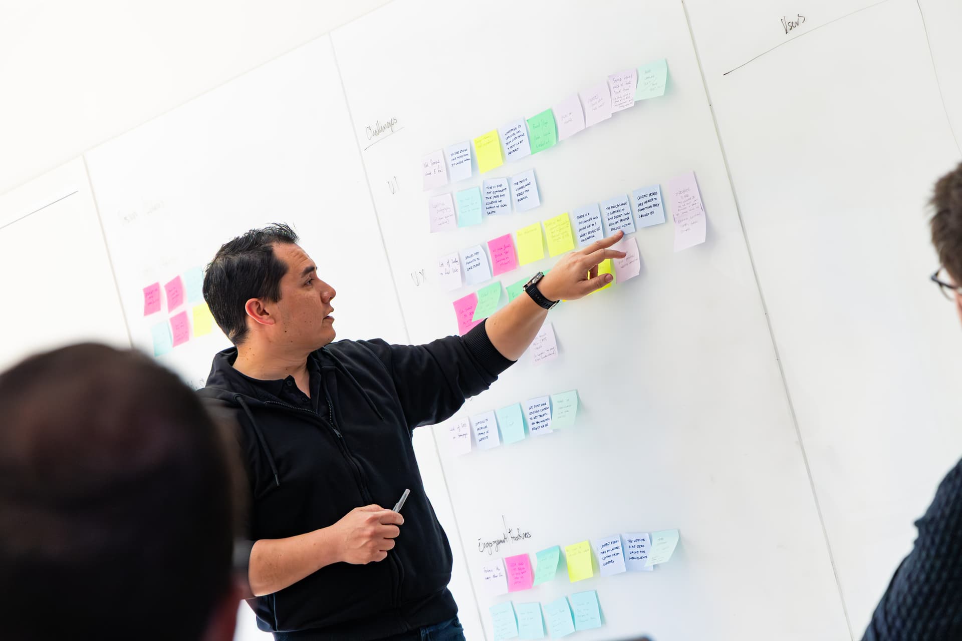 A team member pointing at colour-coded sticky notes on a whiteboard during a workshop