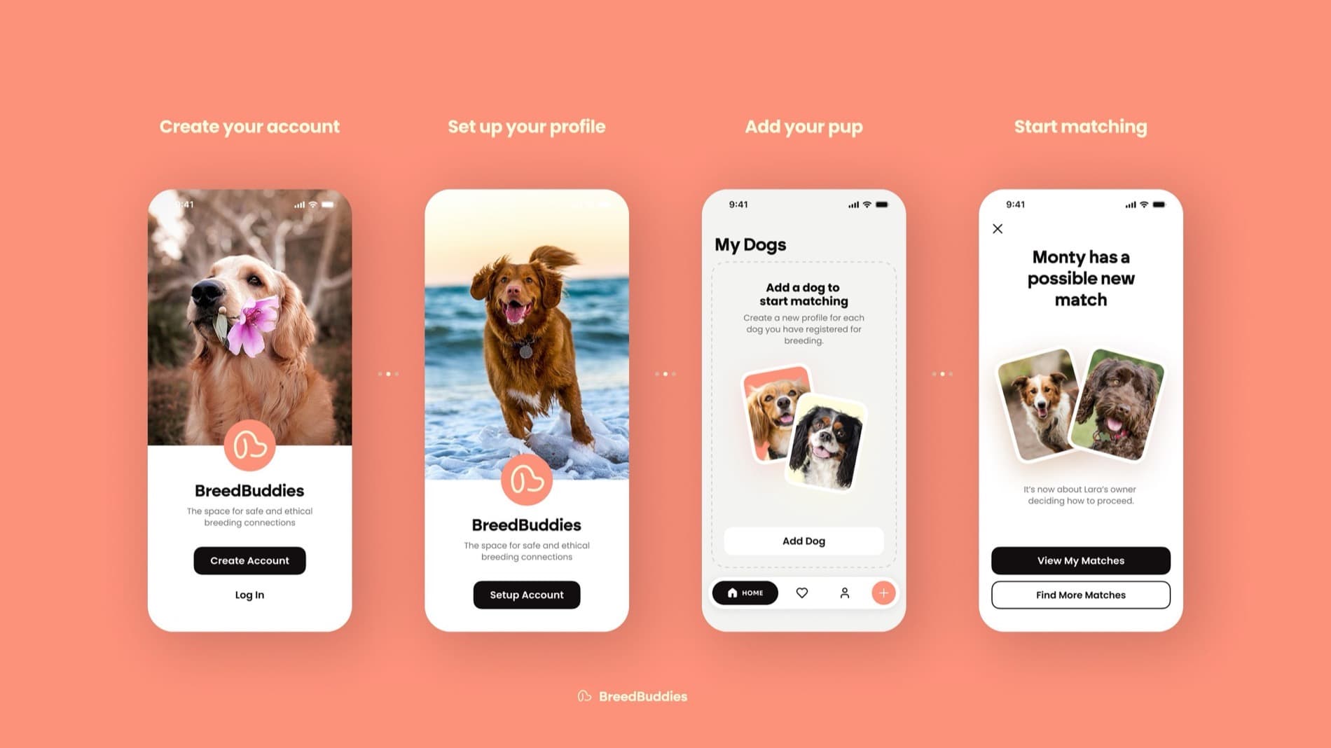 BreedBuddies app onboarding flow: create account, set up profile, add your dog, start matching