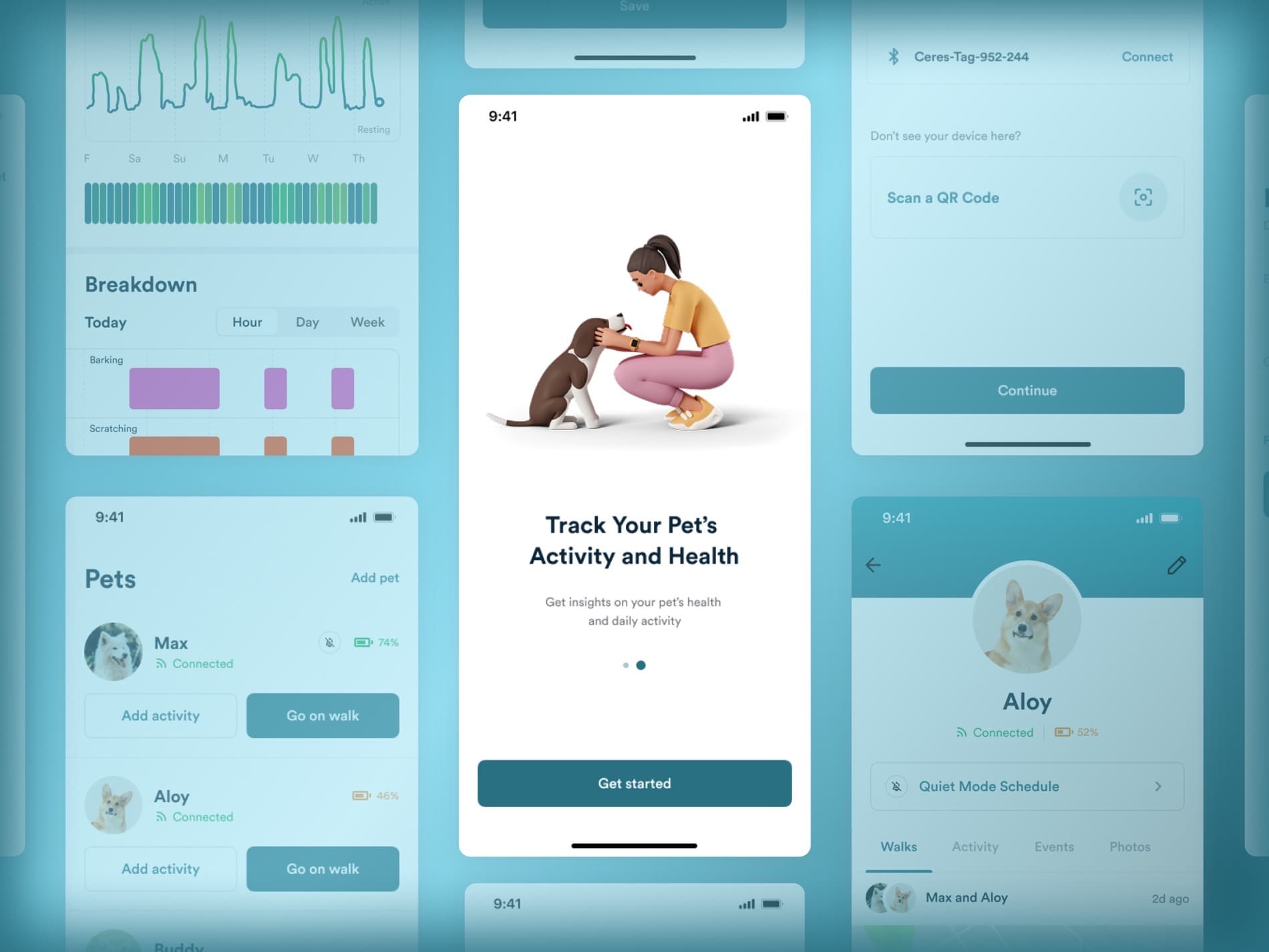 Pet activity app screens showing behaviour breakdown charts, a pet list and device pairing
